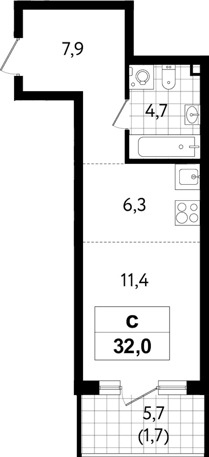 Квартира студия 32 м², 1/12 эт., ЖК «А101 Всеволожск»